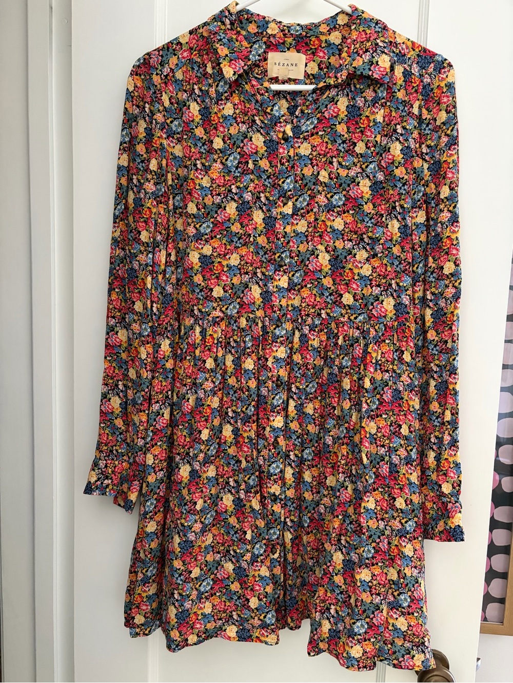 Sezane Multicolor Floral Mini Dress with Long Sleeves